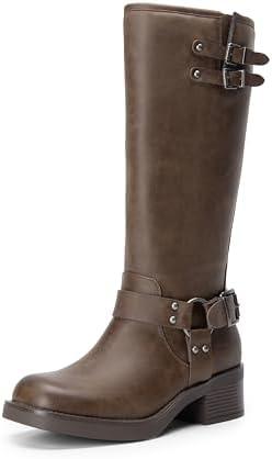 DREAM PAIRS Women's Knee High Boots Combat Boots Goth Boot Lace Up Adjustable Buckles Chunky Low Heel Fall Booties with Side Zipper to Put on and off, Size 7.5 US