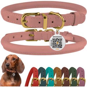 BronzeDog Rolled Leather Dog Collar with QR ID Tag, Adjustable Soft Round Collars for Small Medium Large Dogs Puppy (9" - 11" Neck Size, Blush)