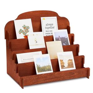Barydat Large Greeting Card Display Stand Tiered Wooden Display Stand for Postcard Brochure Photos Jewelry Snacks Sticker Holder for Vendors, Counter Retail(15.8 x 10.4 x 14.2 Inch,Brown)