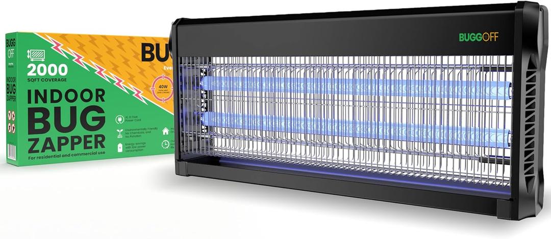 BUGGOFF Black Modern Indoor Electric Bug Zapper, 2000 SQFT Coverage, 3500 Volts of Stunning Power, 40 Watts, Kills Mosquitos Gnats, Flys & More. X2 Free Replacment Bulbs