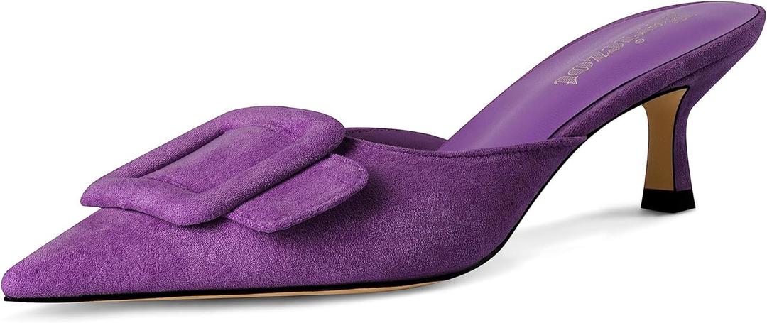 Fericzot Mule Slippers for Women,Slingback Buckle Pumps Pointed Toe Kitten Heels Shoes Slides Backless Dress Sandals Size 10.5