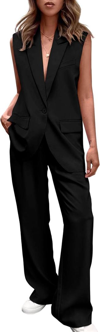 PRETTYGARDEN Women's 2 Piece Outfits Sleeveless Suit Vest and Wide Leg Pants Business Casual Blazer Sets (Black, Medium)