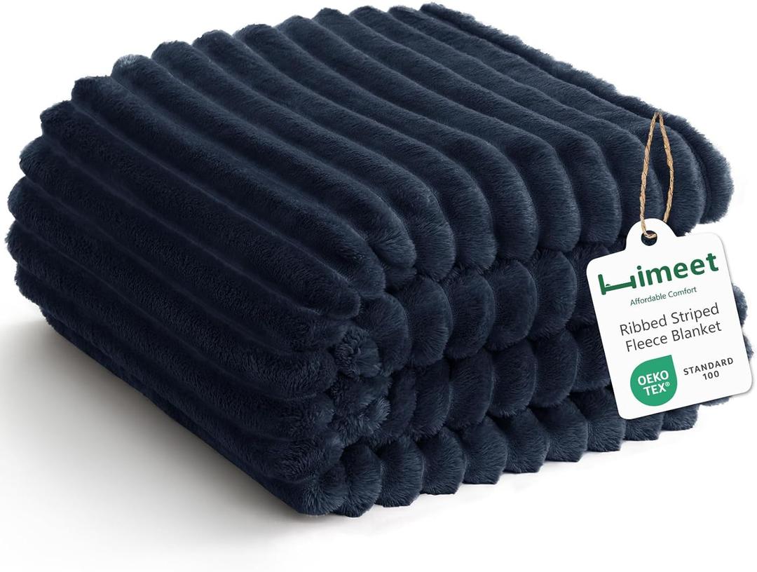 Navy Blue Ribbed Throw Blanket for Couch - 300GSM Lightweight Soft Fleece Blanket for Women Men, Cozy Blankets for Mothers Gifts, Striped Spring Home Room Decor, Navy Blue, 50x60 Inches
