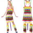 3 Pcs Pinata Halloween Costume for Women Multicolored Strap Dress Headband Leg Sleeve for Halloween Cosplay (Large)