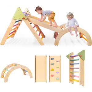 LOL-FUN Pikler Triangle Set with Slide for Toddler 1-3, Montessori Climbing Toys for 1 Year Old, Toddler Climbing Toys Indoor Pickler Climbing Set, Foldable Wooden Climber Jungle Gym for Kids, Medium, Small