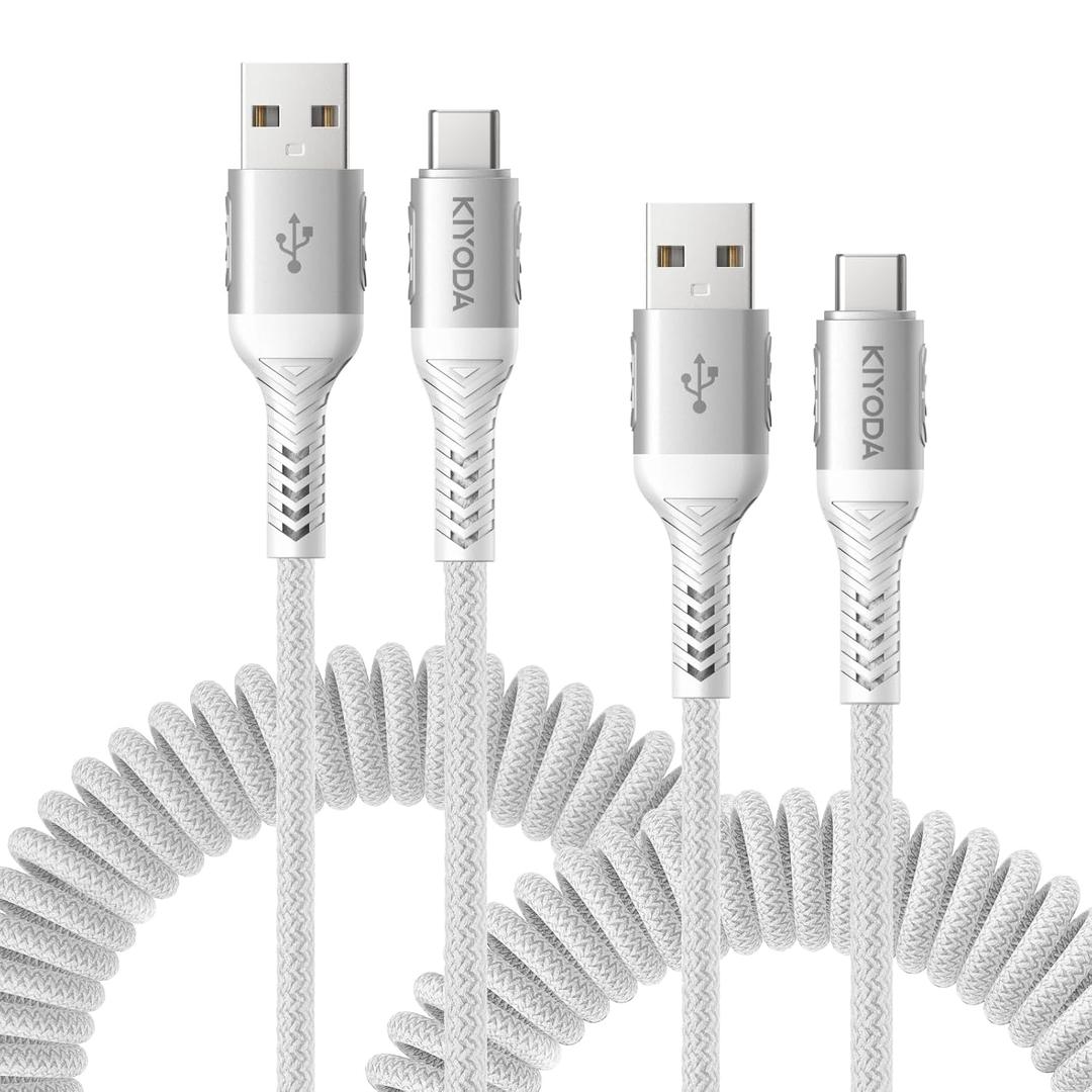 Coiled USB to USB C Cable 6FT, 2Pack Braided USB A to Type C Charger Cable for Car 66W Fast Charging Cord Compatible with iPhone 17 16 15 Pro Max, iPad, Samsung Galaxy, Google Pixel, LG Phones-Silver