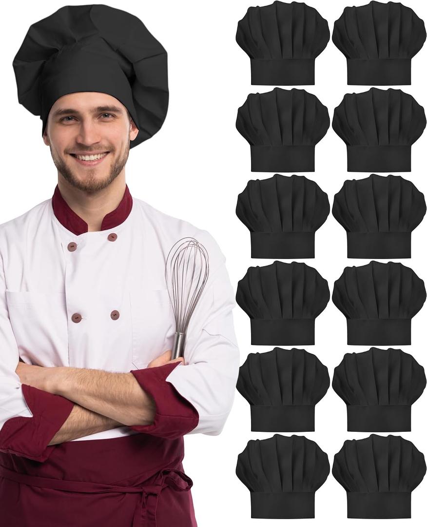 Geyoga 12 Pcs Chef Hat Adult Adjustable Elastic Tall Baker Hat for Cooking Kitchen Cap Uniform for Men Women Christmas