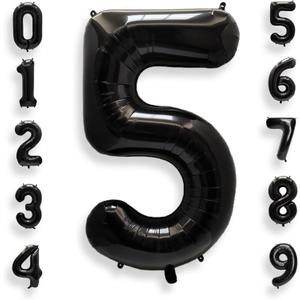 AULE 40 Inch Big Black 5 Balloon Number Large Foil Helium Number Balloons 0-9 Jumbo Giant Happy 5th Birthday Party Decorations for Boy or Girl Huge Mylar Anniversary Party Supplies