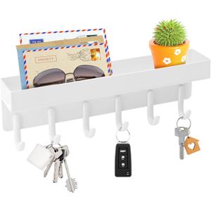 VIS'V Key Holder Wall Mount, Compact Adhesive Key Rack with Tray, 6 Hooks, 2 Mount Options, White