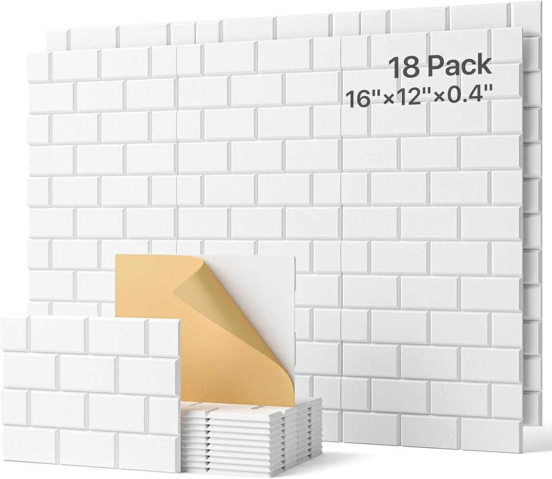 18 Pack Acoustic Panels Self-adhesive, High Density Soundproof Wall Panels, 16"12"0.4" Sound Proof Panels for Walls, Upgraded Brick Sound Absorbing Panel for Door, reccording Studio, Ceiling White