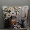 DRLWGTY Framed Farmhouse Rustic Daisy Wall Art, 24x24 Country Floral Watering Can Village Style Wall Picture with Gold Glitter Texture Details for Living Room Garden Kitchen Ready to Hang
