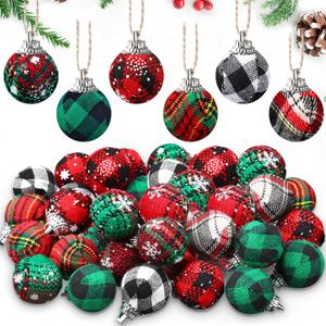 Breling 36 Pcs Mini Christmas Ball Small Christmas Buffalo Plaid Ornaments Set 1 Inch Black Red and Green Miniature Shatterproof Rustic Farmhouse Fabric Ball Ornaments for Mini Tree Xmas Party Decor