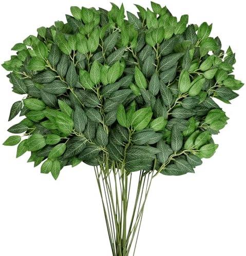 DIYDOFUN 48 PCS Artificial Italian Ruscus Greenery - Fake Silk Green Leaf Stems for DIY Wedding Arrangements Garland Arch Bouquet Table Centerpieces Fireplace Hearth Decorations