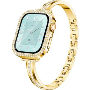 Missair Bands Compatible for Apple Watch Band 40mm 41mm 44mm 45mm with Screen Protector Case, Slim Metal Dressy Jewelry Bracelet Strap with Bling Diamond Cover for iWatch Series 9 8 7 6 5 4 for Women (Gold)