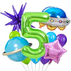Wclliuchi Space Themed Birthday Decorations, Green Number 5 Balloons, Purple Star and Blue Space Ship Balloon for Party Decoration (Green 5)