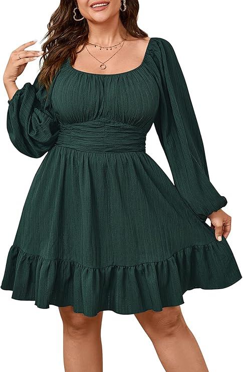 PRETTYGARDEN Long Sleeve Mini Dress for Women 2026 Spring Crewneck Knit Pleated Babydoll A Line Casual Short Party Dresses, Medium