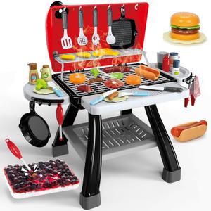 Kids Play Kitchen Toys, Kids BBQ Grill Kitchen Playset with Smoke, Sound & Light, Play Food Toys Cooking Set, 2-Layer Barbecue Outdoor Play Grill Toy Gift for Toddler Boys Girls 3-5 (Red)