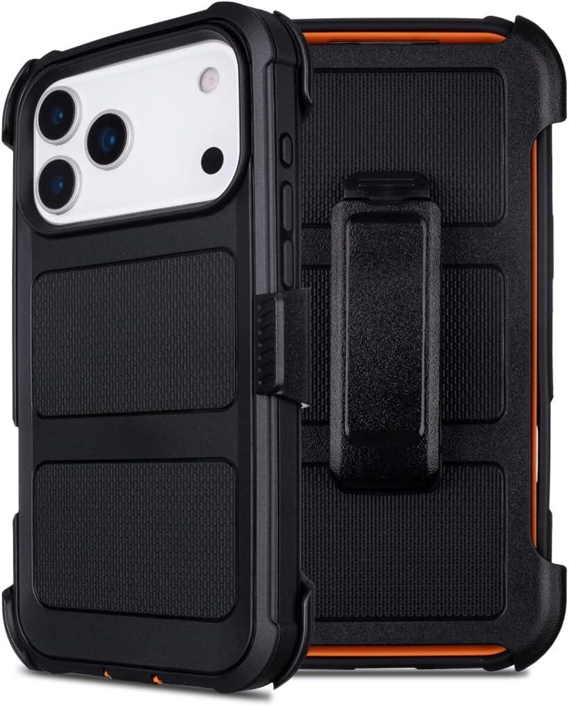 Defender for iPhone 17 Pro Max Case with Clip Holster,Heavy Duty Rugged Full-Body,2 Layers of Sturdy,Anti-Drop,Military-Grade Defender Cover for iPhone 17 Pro Max Phone Case (Black & Orange)