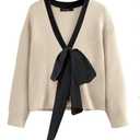 Women Bow Sweater Cute Tie Front Cropped Cardigan V Neck 7/8 Long Sleeve Fall Knit Top Elegant Holiday Party Office Wear (Large, 1-cream)