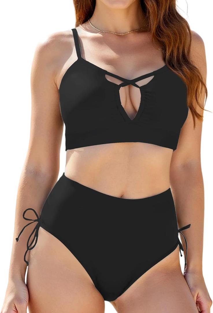 Buauty Bikini Sets for Women Swimsuit High Waisted Tummy Control Two Piece Front Cut-Out Strappy Bathing Suit Women 2026 (Small, Black)