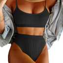 Lilosy High Waisted Tummy Control Ribbed Bikini Crop Top Brazilian Swimsuit Set 2 Piece (Medium, Black)
