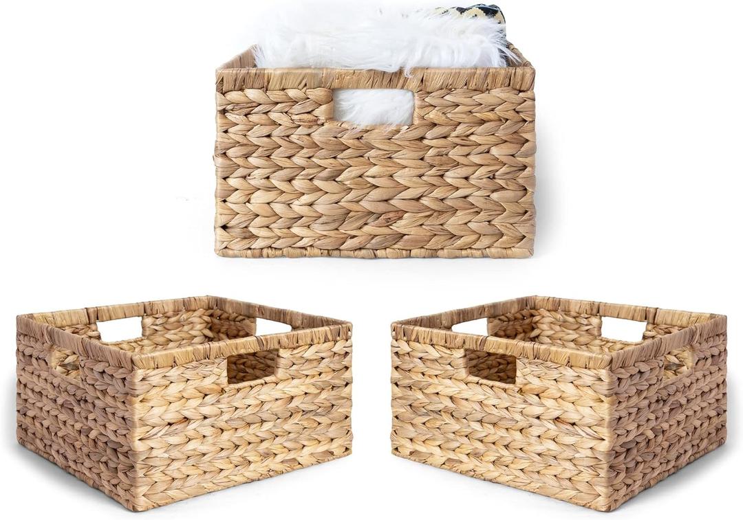 Large 14.5 x 13.5 x 8 (Set of 3) Natural Water Hyacinth Woven Storage Baskets, Rectangular Wicker Basket with Built-in Handles, Large (Natural)