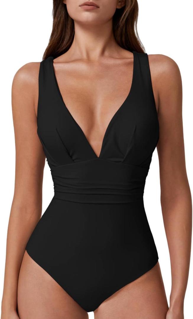 QINSEN One Piece Bathing Suit for Women Tummy Control V Neck Swimsuit High Waist Monokini, Black, Medium