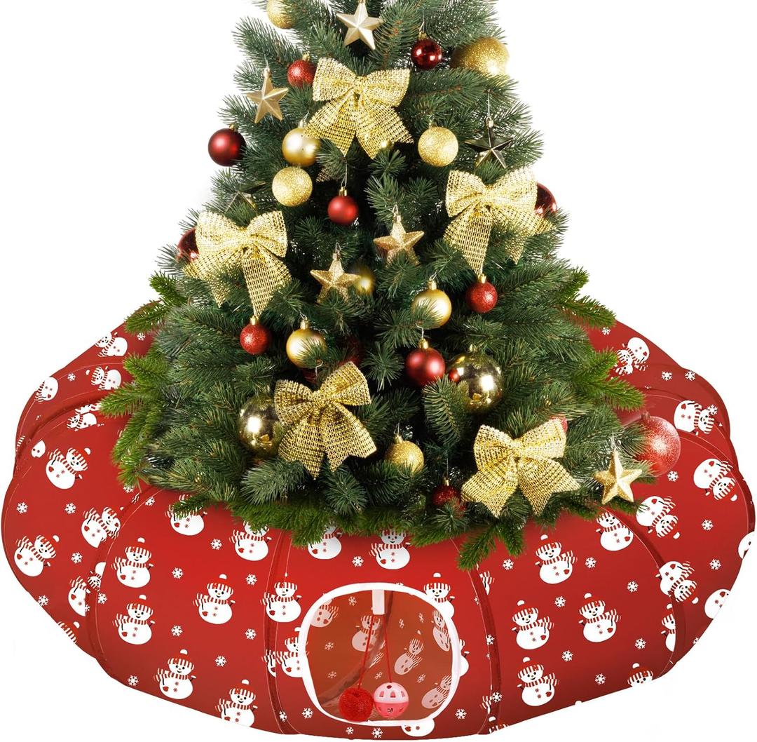 Pawaboo Cat Tunnel Bed Under Christmas Tree, 35.4'' Christmas Cat Toy Circle Tunnel with Ball, Cats Tunnels Christmass Tree Skirt Decorative Festive Foldable Kitty Tube Tunnels for Cats(Red Snowman)