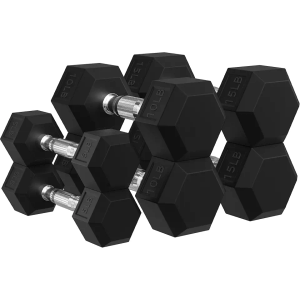 Signature Fitness Rubber Encased Hex Dumbbells 5, 10 and 15 Pairs Weight Sets for Home Gym