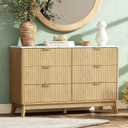 Fluted 6 Drawer Dresser, 47" Wide Chest of Drawers with Faux Marble Top,Modern Dresser TV Stand, Wood Closet Clothes Storage Organizer with Curved Edges for Bedroom, Living Room, Natural