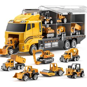 TEMI Toddler Toys for 3 4 5 6 Years Old Boys, Die-cast Construction Toys Car Carrier Vehicle Toy Set w/Play Mat, Kids Toys Truck Alloy Metal Car Toys Set for Age 3-9 Toddlers Kids Boys & Girls