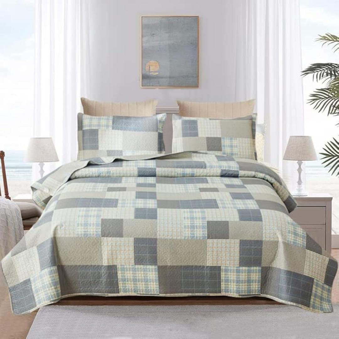 Quilt Set Queen Size Bedspread Coverlet Plaid Patchwork Bedding Modern Mens Quilts Soft Lightweight Quilt Yellow Grey Plaid Coverlet Reversible Quilt Bedspread Home Bedding Collection