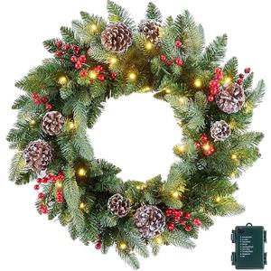 24 Inch Prelit Christmas Wreath, Artificial Christmas Wreath for Front Door with LED Lights, Pine Cones, Pine Needles, and Red Berries, Reef for Door Window Mantel Indoor/Outdoor Home Decoration