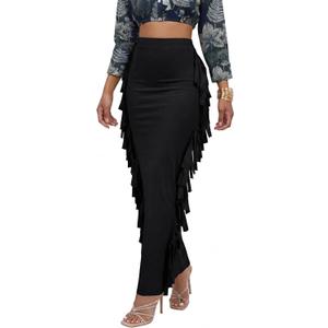 LYANER Women's Fringed Side Tassels Elastic Waist Slim Bodycon Pencil Maxi Skirts Black Small