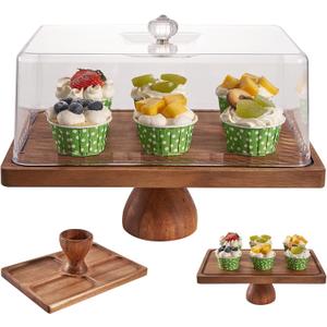 LiTY Cake Stand with Lid, 13 Rectangular Multi-Functional Cake Holder, Acacia Solid Wood 2-in-1 Dessert Table Display Set, Charcuterie Board for Cheese ,Fruit Platter, Large Acrylic Cake Dome Cover