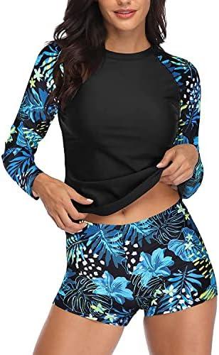 Daci Women Two Piece Rash Guard Long Sleeve Swimsuits UV UPF 50+ Swim Shirt Bathing Suit with Boyshort Bottom, Size 20W