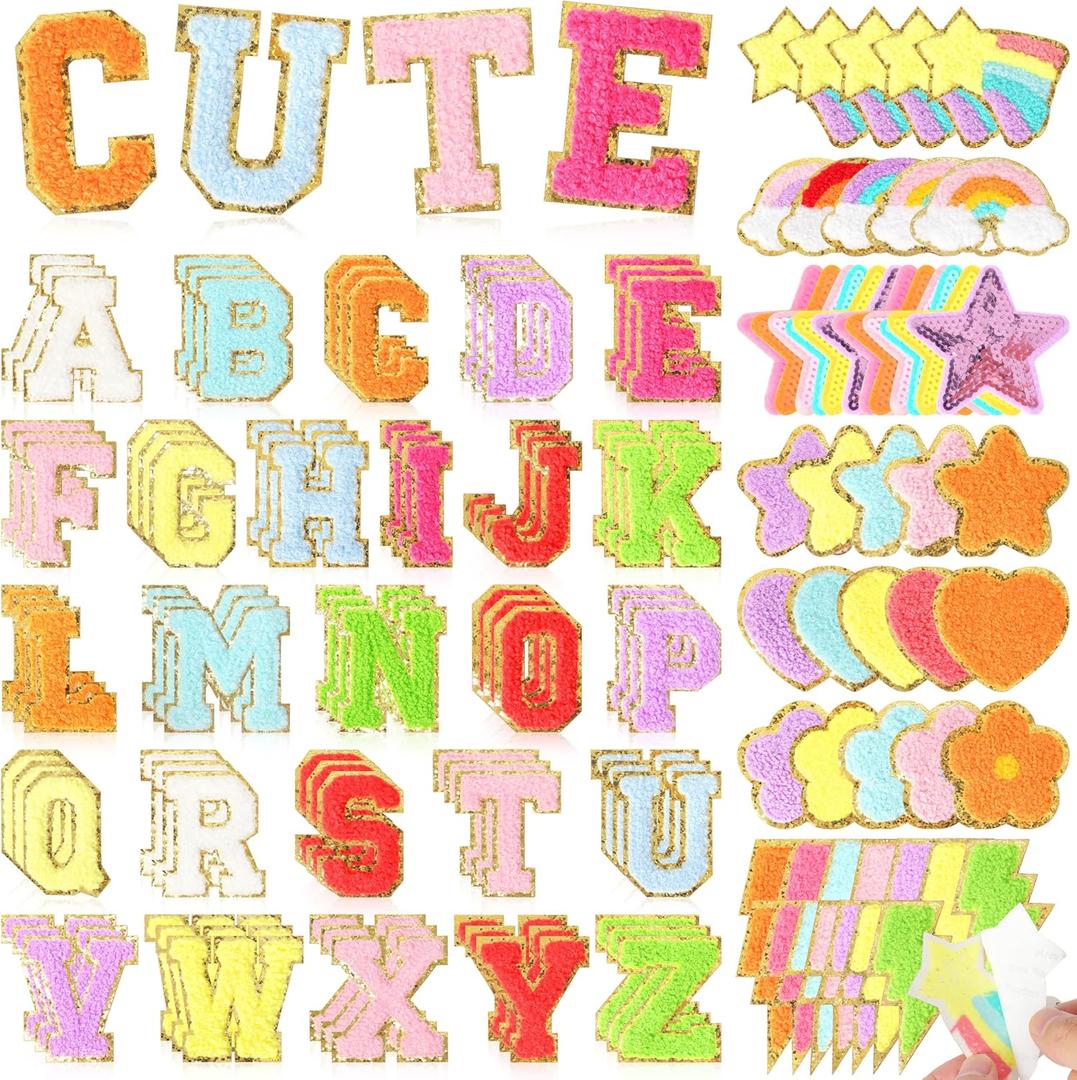 Chenille Letter Patches Self-Adhesive for Clothing: KINGSOW Preppy 129PCS Varsity Sew On Stickers - Cute Rainbow Lightning Sequin Star Patch for DIY Crafts Trucker Hats Makeup Bags