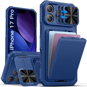 SSLOTSCASE for iPhone 17 Pro Case with Stand & Credit Card Holder & Sliding Camera Cover & Camera Stand & Wallet, Rugged Silicone Edge Protective Phone Case Cover for iPhone 17 Pro 6.3'' 5G 2025, Blue