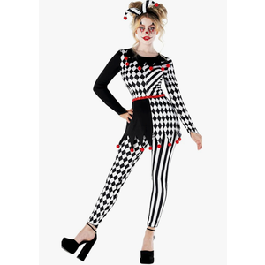Morph Jester Costume Women Creepy Clown Outfit Scary Jester Halloween Costume for Women Fun Party Attire, Size XL