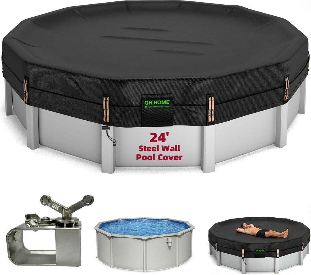 QH.HOME 550D Pool Cover 24 FT Round Above Ground[Upgraded Tear-Proof & Threefold Windproof] wth Pre-Installed Winch and Rope, Durable 4 Foot Overlap & Extra-Thick Designed for Steel WALL Pools