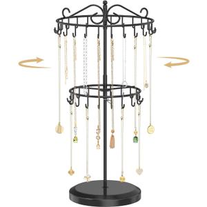 MODOWEY Rotating Necklace Holder Organizer Display Stand with 42 Hooks, 2 Tier Adjustable Metal Tree for Long Necklace Hanger Selling, Tall Spinning Bracelet Storage Rack for Men Women, Black