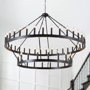 HHR Wagon Wheel Chandelier 2 Tier 54-Light, 60 Inch Large Farmhouse Chandelier, Round Rustic Pendant Light Fixture for High Ceilings Foyer Dining Room E12