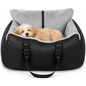 Dog Car Seat for Small Dogs Under 25 Lbs, Washable Pet Booster Seat with Safety Leash, Portable Dog Travel Bed with Carry Handles & Side Pocket for Front or Back Seat, Black/Grey