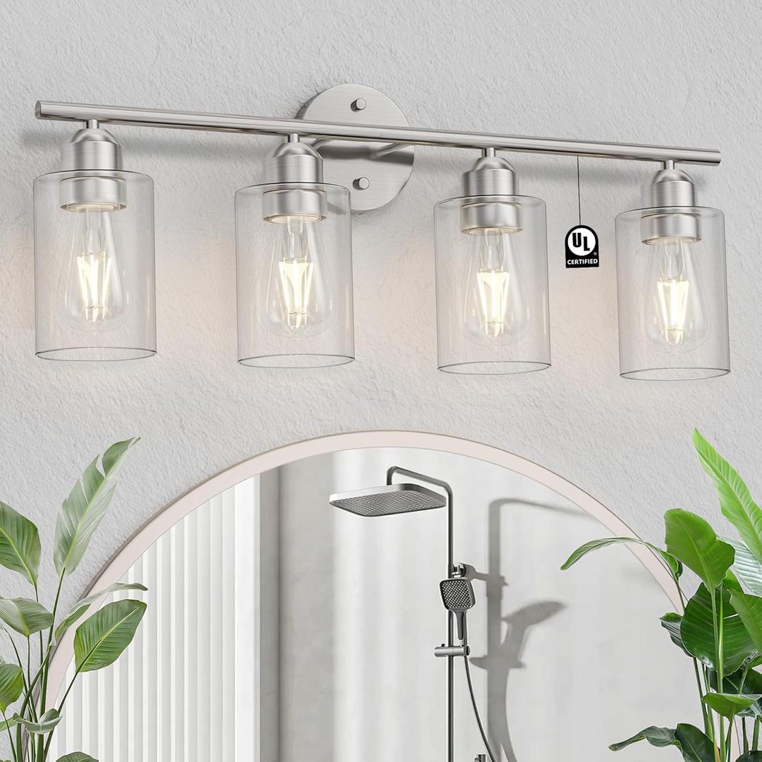 Bathroom Vanity Light Fixtures Brushed Nickel,4 Lights Rustic Farmhouse Vanity Bar Lighting Over Mirror Modern Industrial Wall Sconces Lamp with Cylinder Glass Shade
