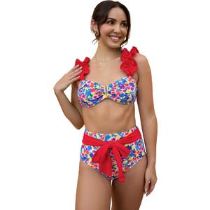 Women High Waisted Swimsuit Flounce Straps Bikini Tie Back Bathing Suit | Removable pads, soft material, fully lined (S)