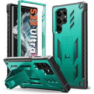 FNTCASE for Samsung Galaxy S22 Ultra Case: Built-in Screen Protector & Kickstand Full-Body Dual Layer Rugged Military Grade Shockproof Protection Heavy Duty Protective Phone Cover 5G-Green