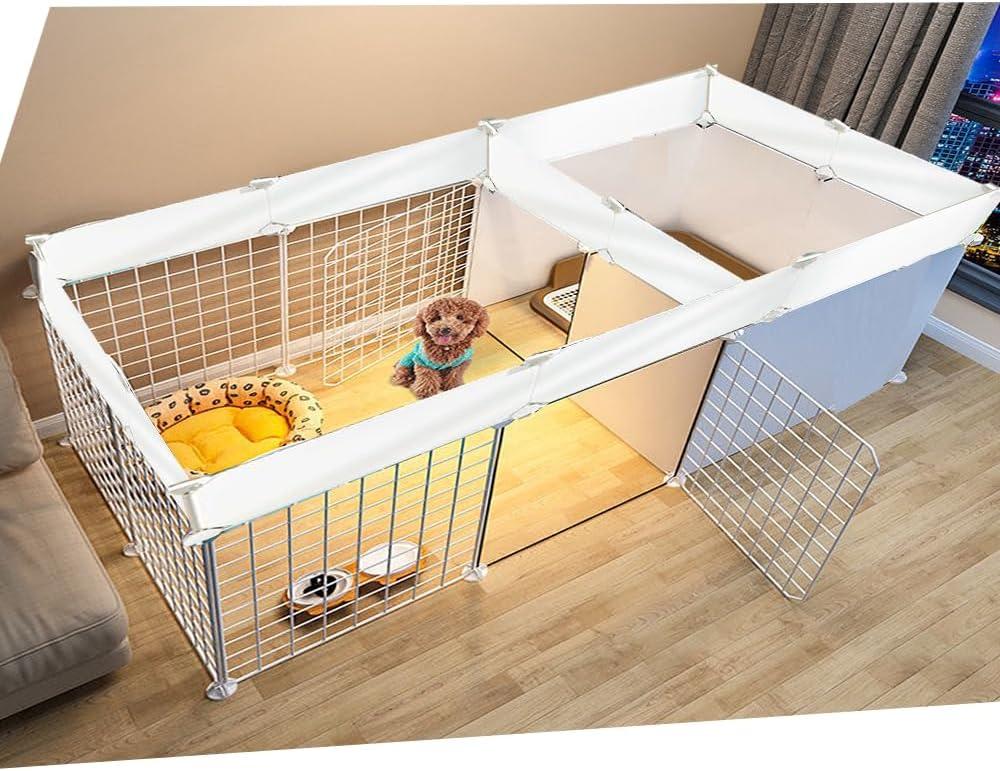 Dog Playpen Indoor with Door, DIY Puppy Play Pen Portable Metal Wire Yard Fence Small Animal Exercise Cage for Small-Sized Dog (White(Middle)
