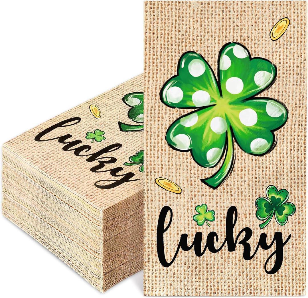 JarThenaAMCS 100Pcs St. Patrick's Day Guest Napkin Shamrock Clover Disposable Paper Napkins Rustic Burlap Print Dinner Hand Towels for Kitchen Bathroom Irish Party Supplies Table Decor