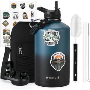 WixByti One Gallon Water Bottle Insulated with DIY Stickers, Triple Wall Vacuum Cold for 48 Hrs Leak-proof Non-BPA, 128oz Large Sports Stainless Steel Water Jug with Paracord Handle Straw Spout Lids