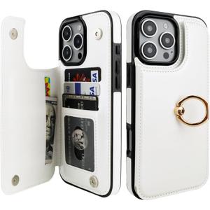 ONETOP for iPhone 16 Pro Max Wallet Case with Card Holder, 360 Rotation Ring Kickstand RFID Blocking PU Leather Double Magnetic Clasp Shockproof Cover for Women and Girls 6.9 Inch (White)